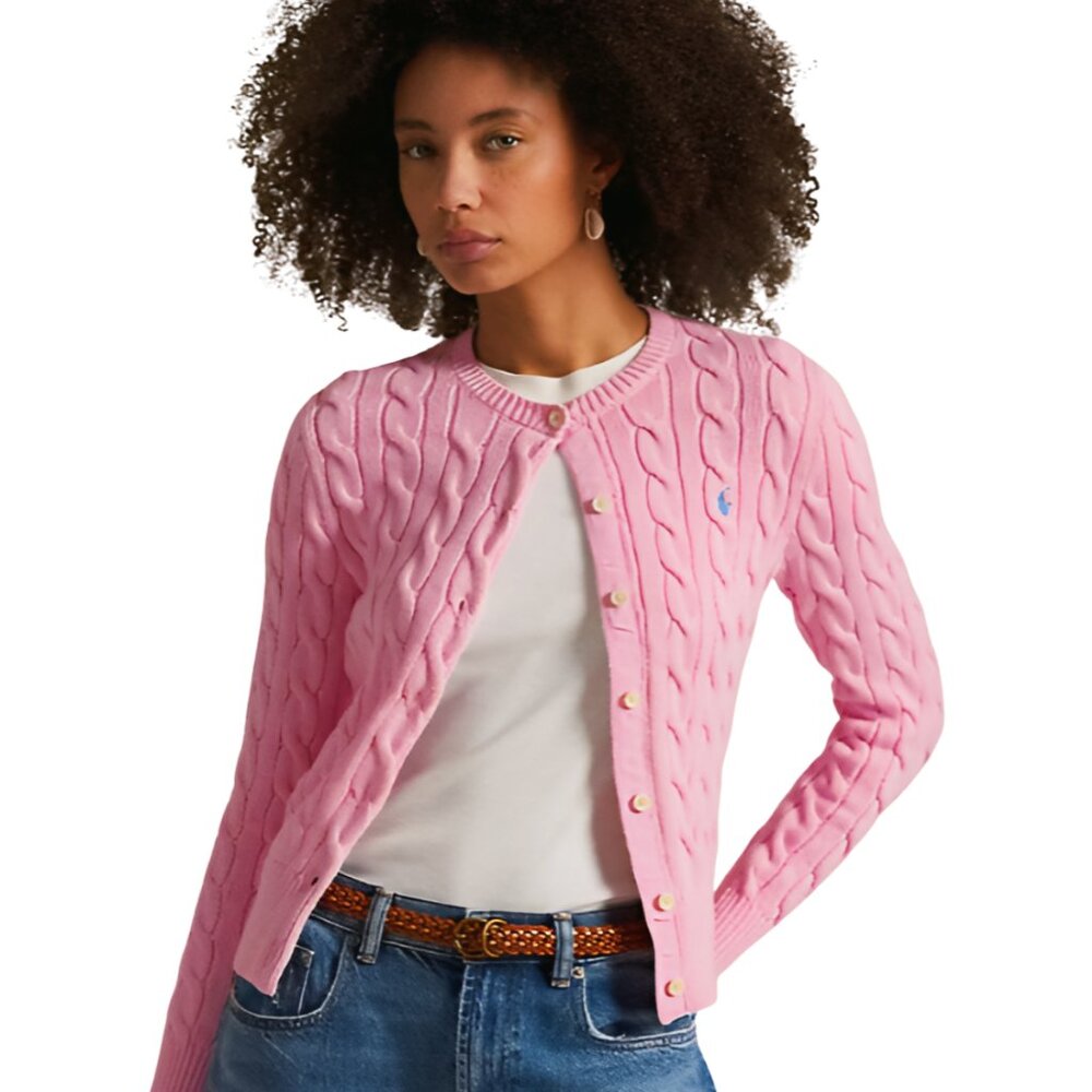 POLO Ralph Lauren Pink Cardigan Cable Knit Sweater Rib Knit Crew Neck Size XXL